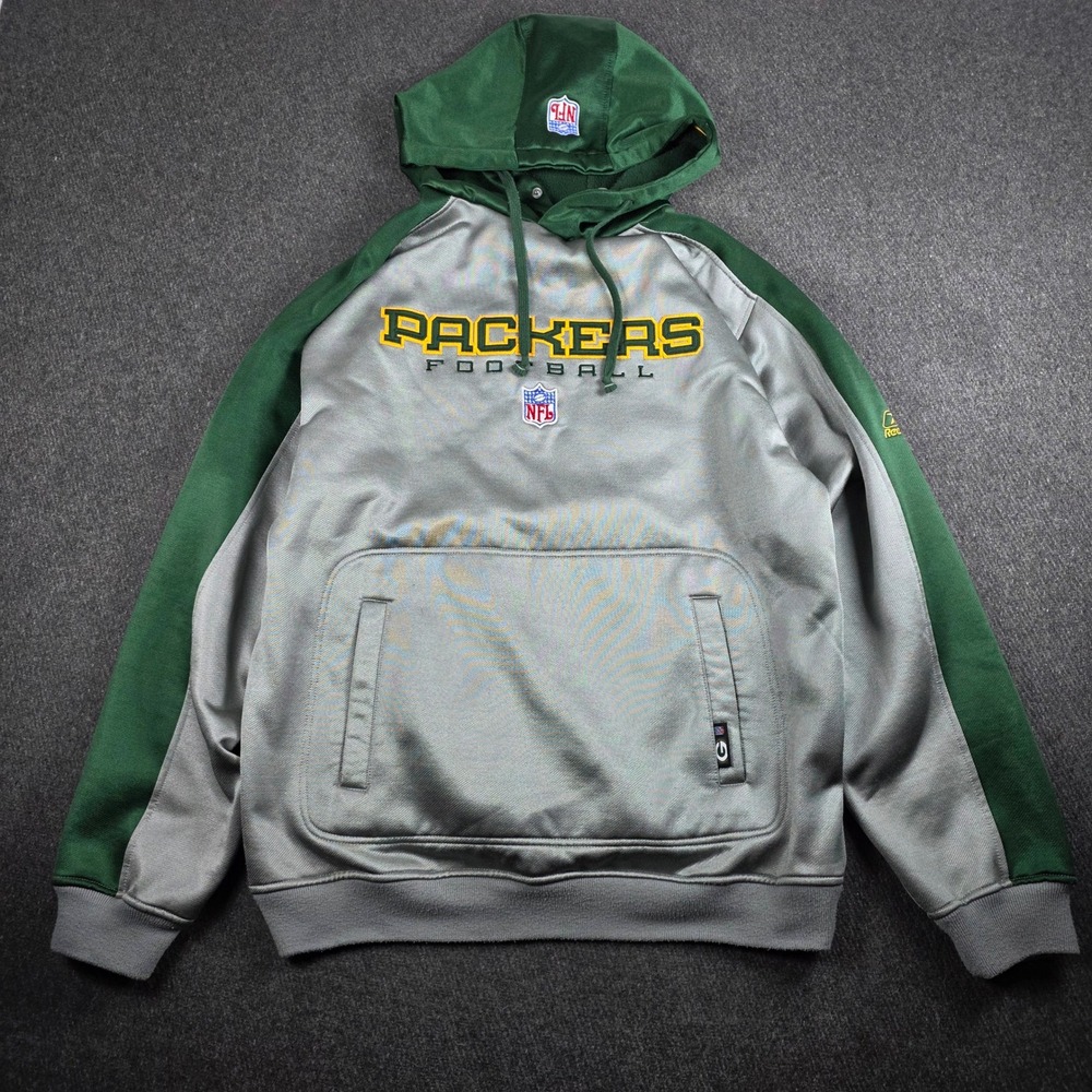 VTG Green Bay Packers Reebok Hoodie Men Medium Grey NFL Team Apparel Pullover